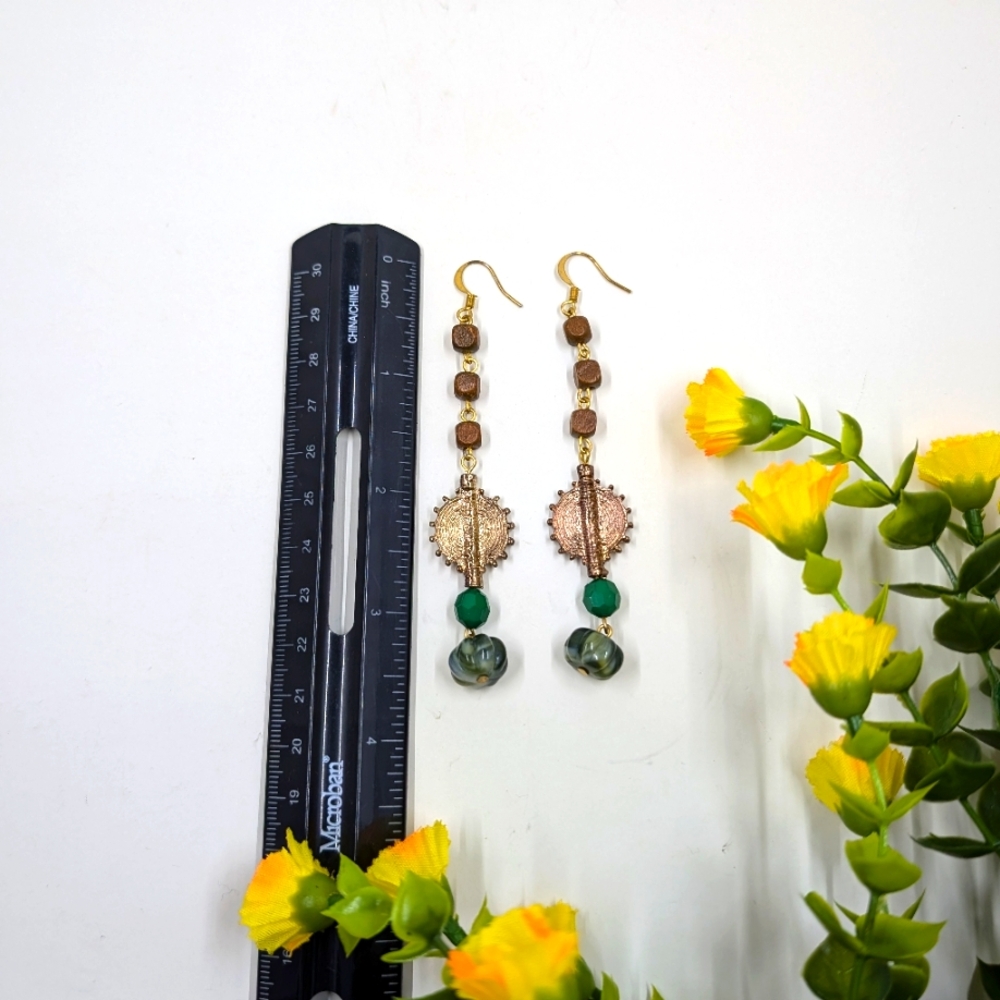 Genuine Jasper, Wood and Crystal Bead Vintage Dangle Earrings - Picture 4 of 4